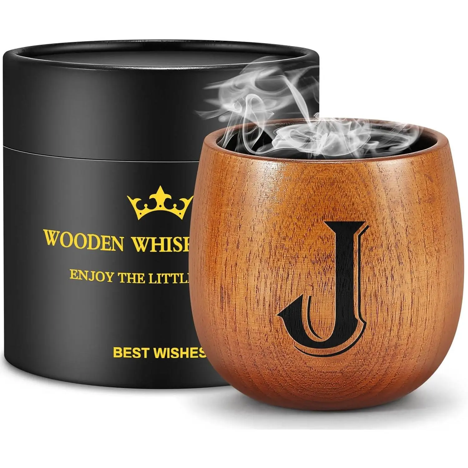 Birthday Gifts for Men, Initial  Glasses Personalized Gifts for Men | Engraved Charred Wooden  Glass,  Christmas Anniversary Groomsmen  for Men Dad Husband  Him (J)
