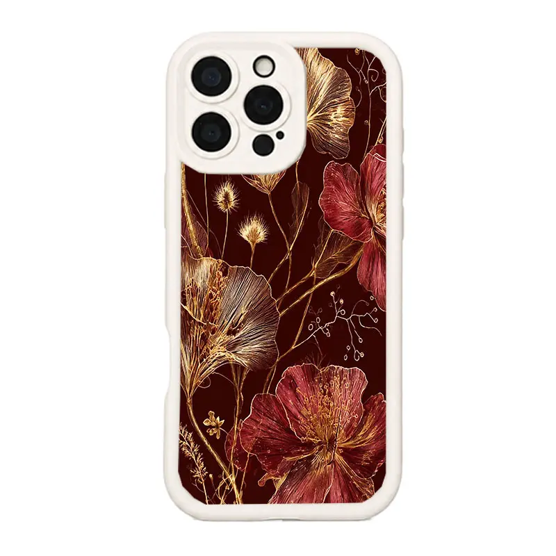 Burgundy Gold Wildflower Phone Case, Dark Botanical Garden for iPhone 17 16 15 14 13 12 11 X Plus Pro Max, Scratch-Resistant Daily Cover