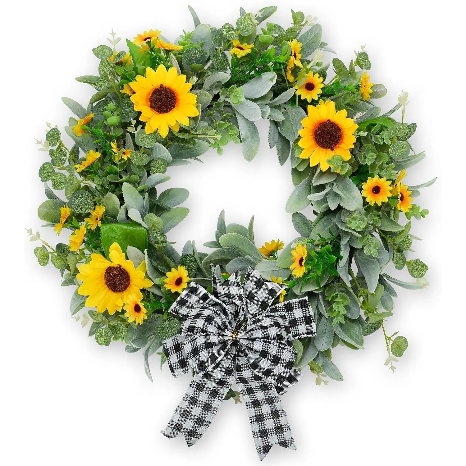 24" Sunflower Wreaths for Front Door, Rustic Summer Spring Front Door Wreath with Eucalyptus and Buffalo Plaid Bow for Indoor Outdoor Wall Window, Farmhouse Floral Wreath Decor for Porch
