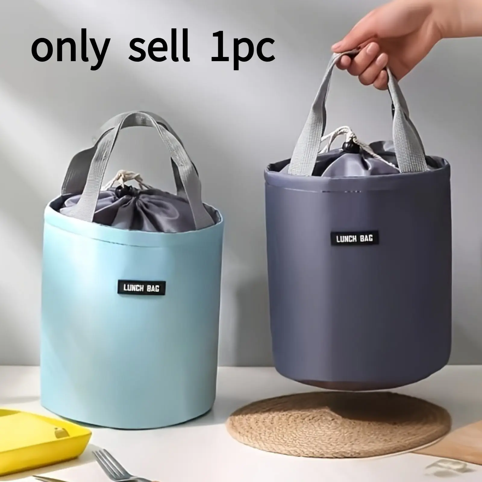 1pc Non-Food Contact Round Thermal Insulated Bag, Large Cylinder Lunch Bag with Drawstring & Handles, Hot Cold Temperature Retention for Office Commute, School, Outing, Beach, Fashionable Thermal Meal Pouch