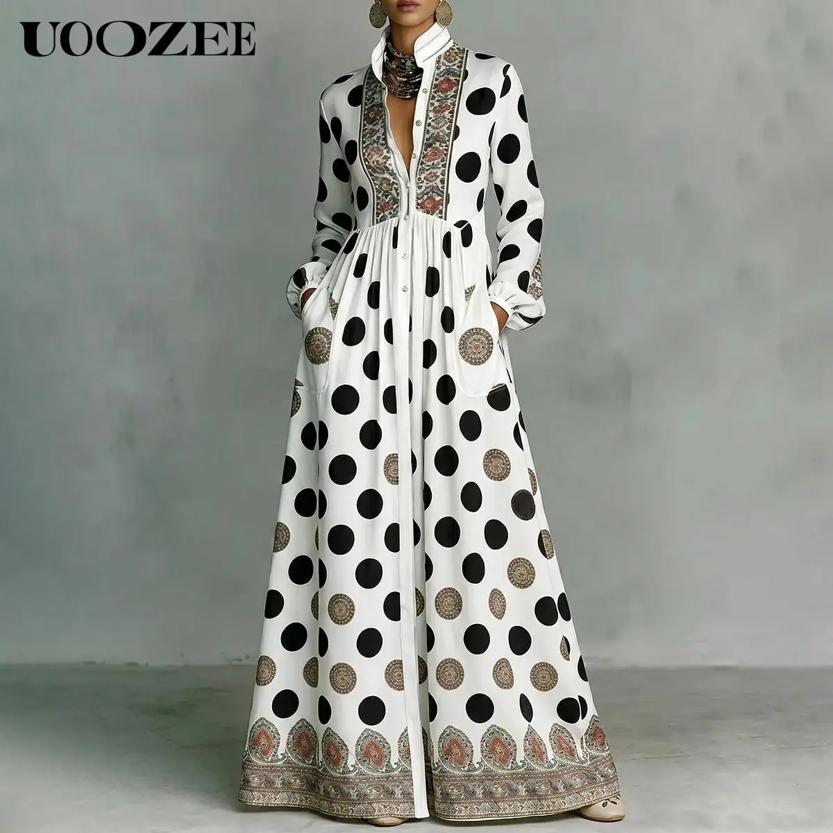 UOOZEE Women's New 2026 Bohemian Polka Dot Big Hemline Puff Sleeves Stand Collar Maxi Dress, Tribal Print Long Sleeve Button-Front Dress with Pockets, Vacation Shirt  Dress, Tall Length (Ladies with C - Cup and Above Need To Order One Size Up),summeroutfi
