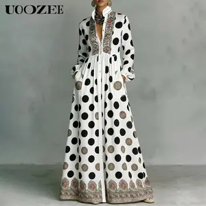 UOOZEE Women's New 2026 Bohemian Polka Dot Big Hemline Puff Sleeves Stand Collar Maxi Dress, Tribal Print Long Sleeve Button-Front Dress with Pockets, Vacation Shirt  Dress, Tall Length (Ladies with C - Cup and Above Need To Order One Size Up)