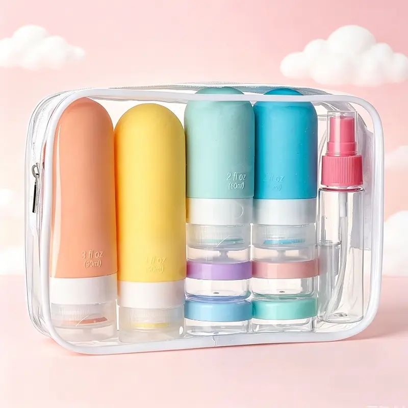 Silicone Travel Bottles Set TSA Approved, Leak Proof Refillable Design Toiletry Containers with Clear Cosmetic Bag, Portable Travel Size Shampoo Lotion Dispenser for Airplane Vacation Bottles Storage Set