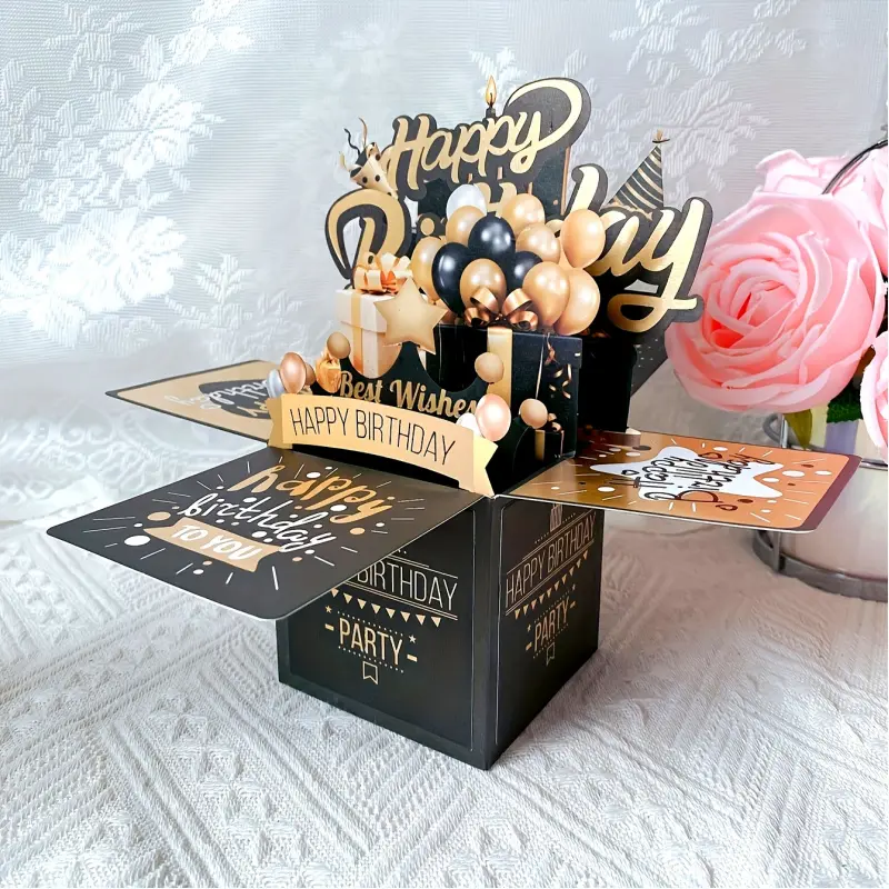 1/3/5 Pieces Black and Gold Pop-up 3D Birthday Card Happy Birthday Card, Handmade Paper Carving Card, Handmade Card, Greeting Card, Pop up Cards, Gift, Party Favor Decoration