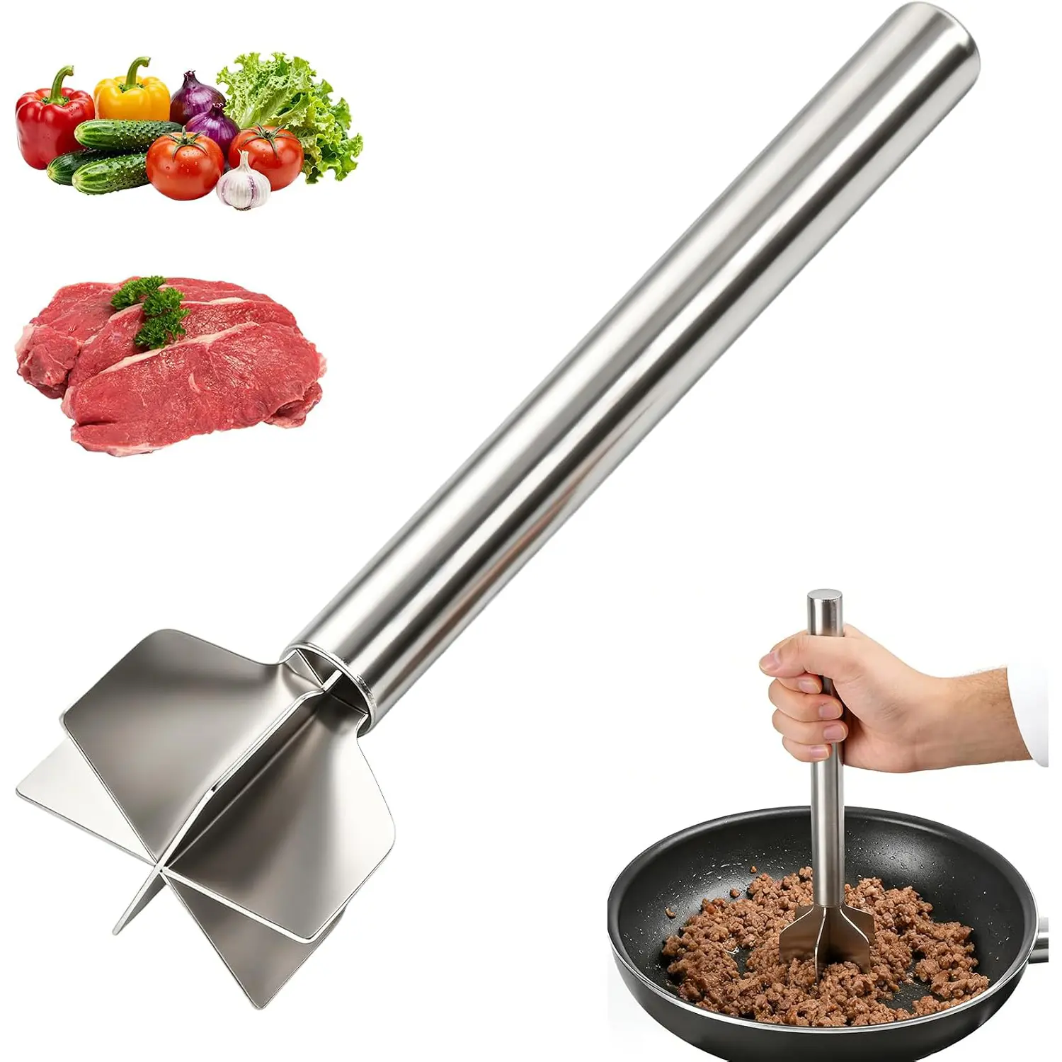 Meat Masher Stainless Steel | 6 Blade Ground Beef Chopper Tool with Long Handle | Masher Shredder for Potato Hamburger Vegetable Puree | Dishwasher Safe