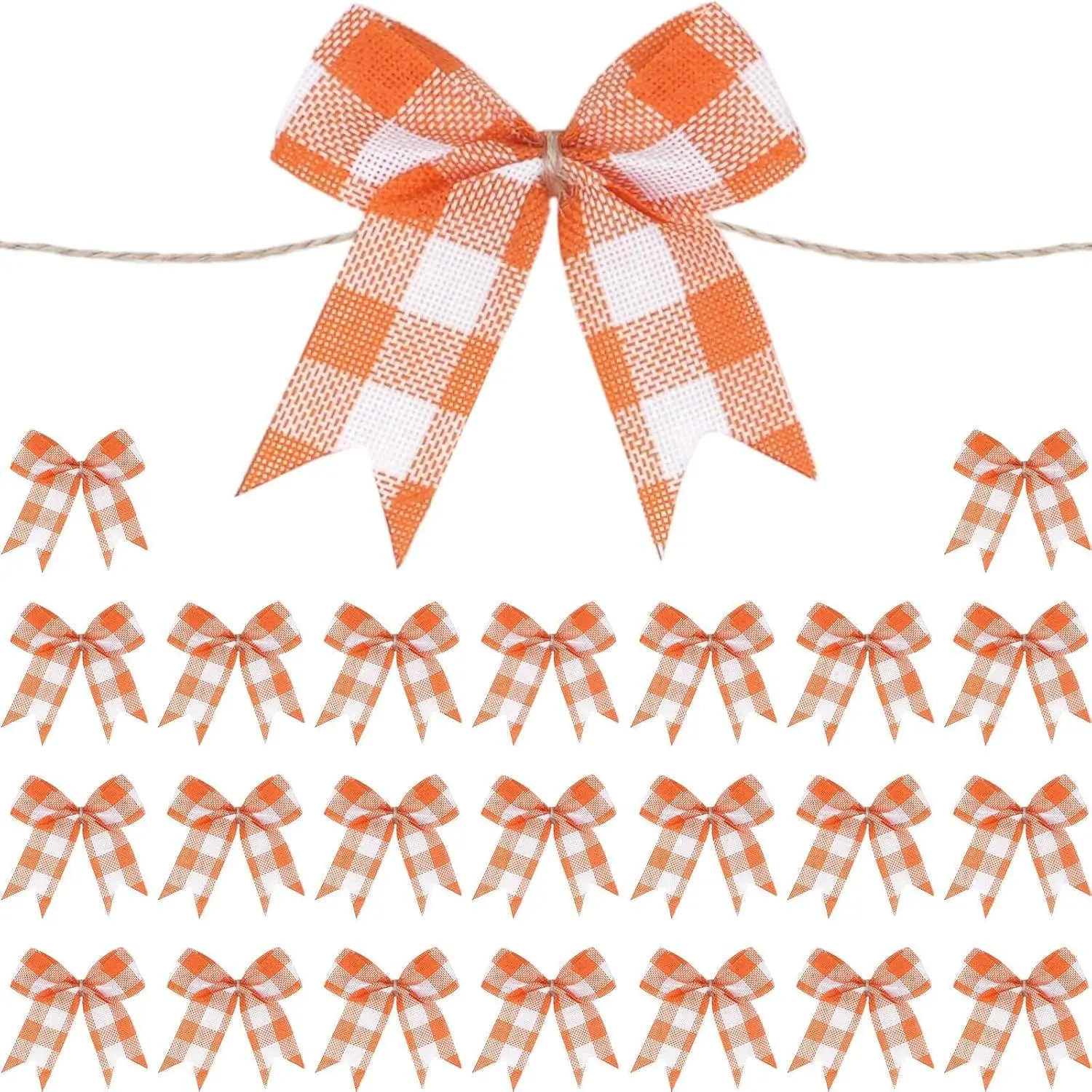 24 count Mini Orange and White Buffalo Check Bows, 3 Inch Small Pre-Tied Fall Bows with Twine Ties for Thanksgiving Wreaths, Harvest Decor and  Wrapping