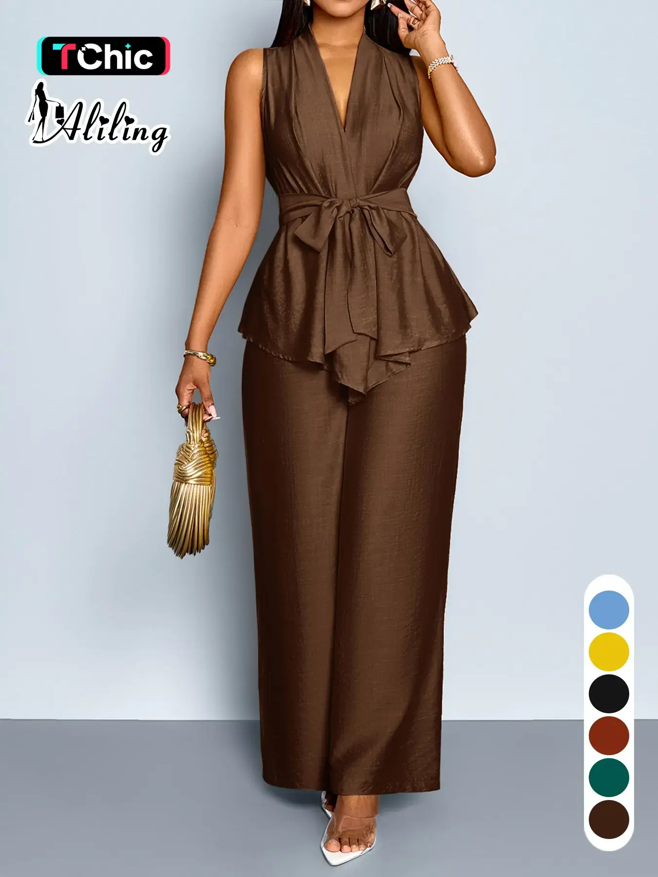 Two-Piece Summer Casual Chic Women's Set, Deep V Neck Sleeveless Belted Top, High Waist Wide Leg Pants, Perfect for Outing, Office, Date Night