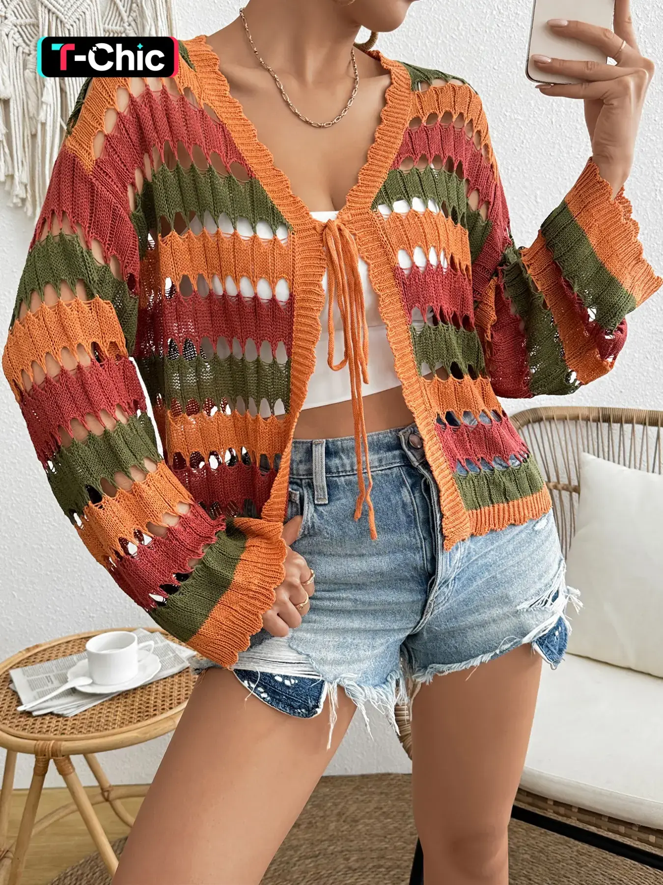 Women's Colorful Striped Pattern Soft Knit Longline Cardigan, Casual Long Sleeve Tie Front Knitwear for Summer, Fashion Women's Knit Clothing for Daily Wear, Tops