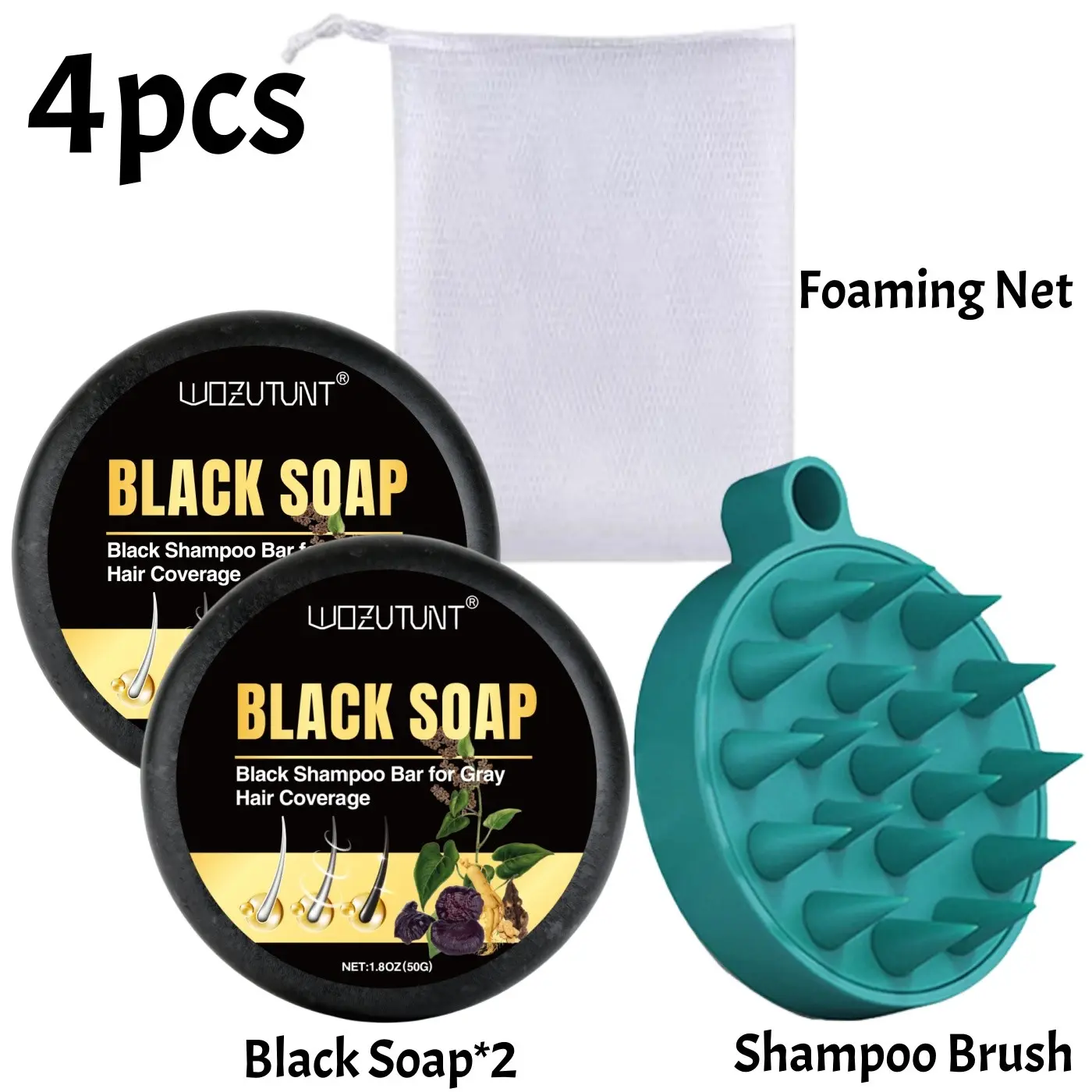 1.8oz Black Hair Soap Set, Shampoo & Hair Dye 2 in 1 with Ginger Extract, Gradual Hair Color, Cover Gray White Hair, Unisex, Suitable for Hair & Grey White Beard, Comes with Shampoo Brush & Foaming Net