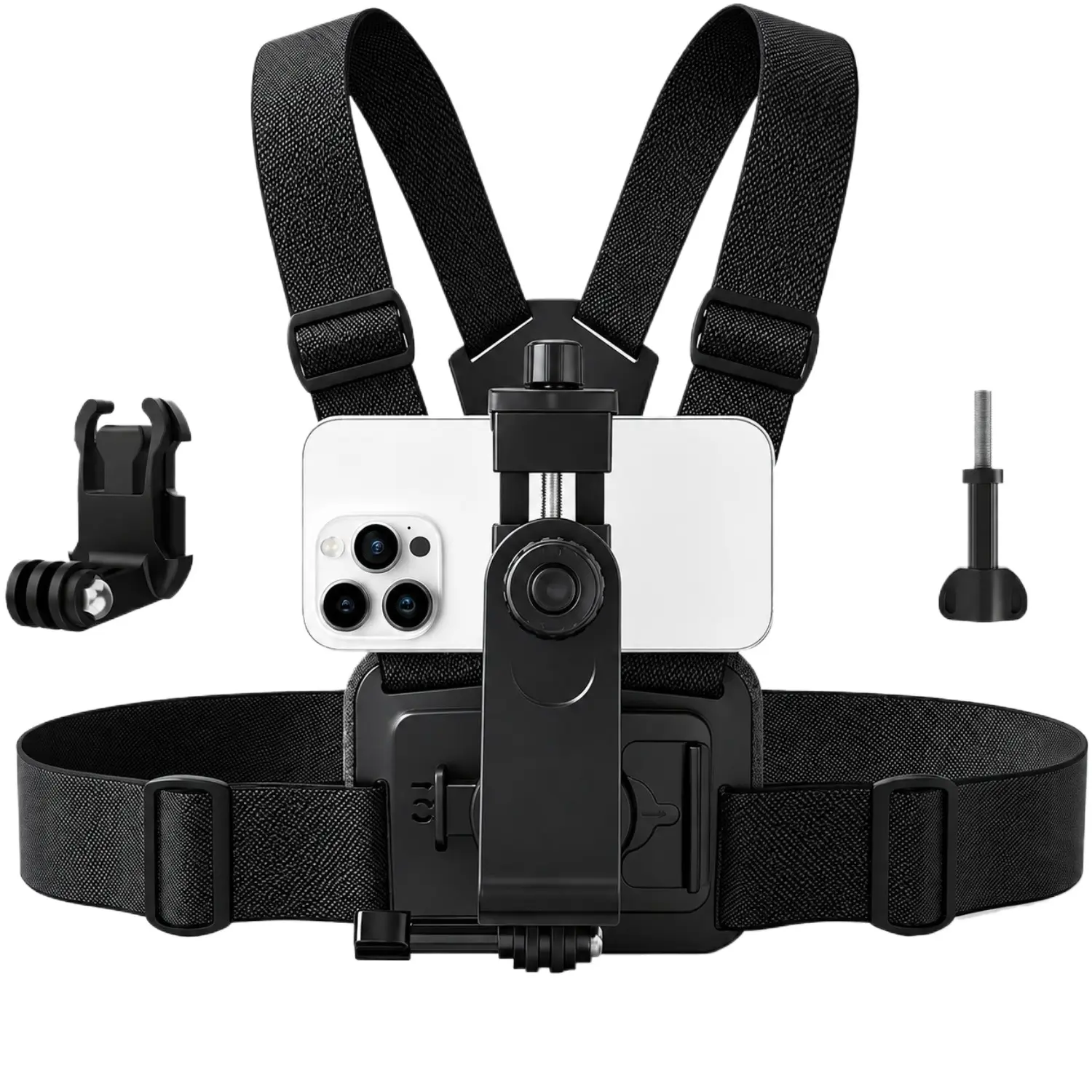 1 Set Chest Phone Mount Harness, Adjustable Hands-Free Holder with Non-Slip Straps and POV Recording Clip for Cycling, Running & Outdoor Sports