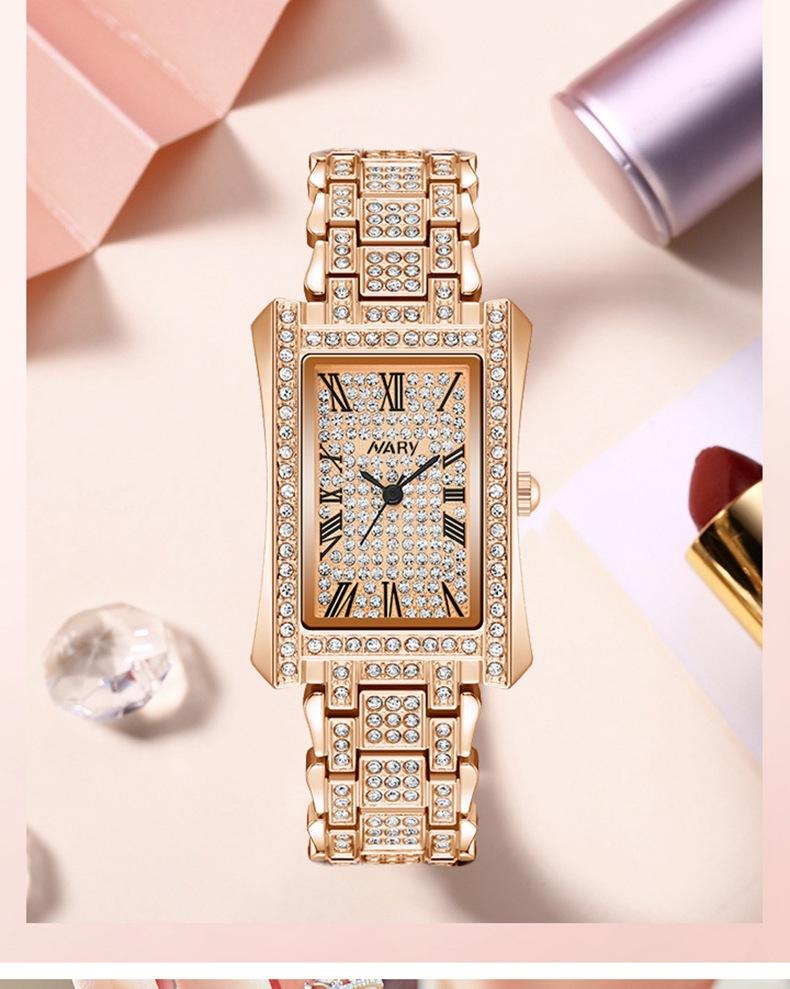 Women's Luxury Rose Gold Rectangle Quartz Watch - Fully Iced Out Diamond Encrusted Wristwatch with Roman Numerals, Stainless Steel Band, Elegant Dress Watch, Perfect Gift for Her