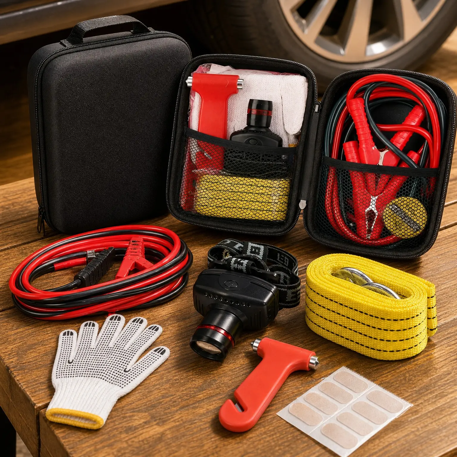 Car Roadside Emergency Kit with Jumper Cables, Tow Straps, Headlamp, Safety Hammer, Gloves - Complete Car Safety Kit, Ideal Gift for New Drivers
