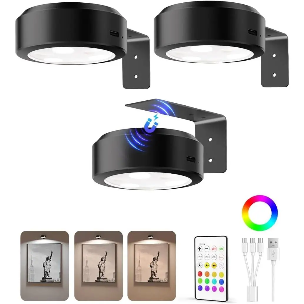 Picture Lights for Wall, 2000mAh Rechargeable Battery Magnetic Poster Lights with 3 Color Temps & 12 RGB, Remote Dimmable Timer Painting Light, Wall Decor Light for Art Display, Frame (3 Pack)