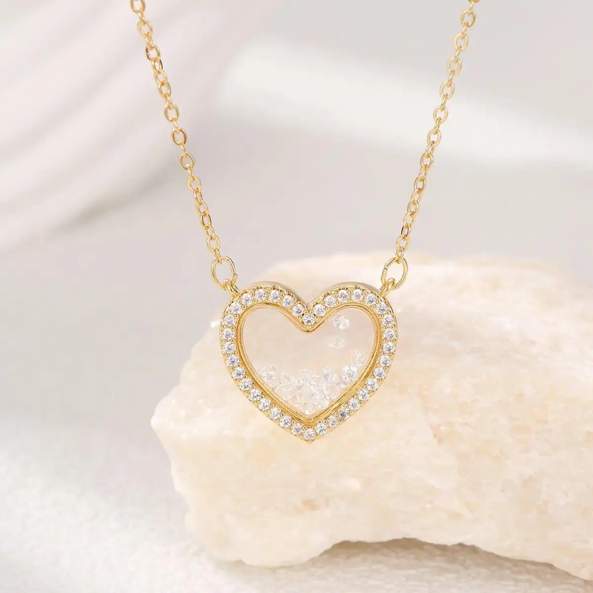 Women's 14 Karat Gold Filled Dancing Diamonds Heart Necklace - Moving CZ Pendant, Hypoallergenic Luxury Gold Zirconia Jewelry, Heartstruck Valentine Gift, Date Night Diamond Detail Accessory, Diamond Detail Necklaces, Gold Zirconia Necklaces