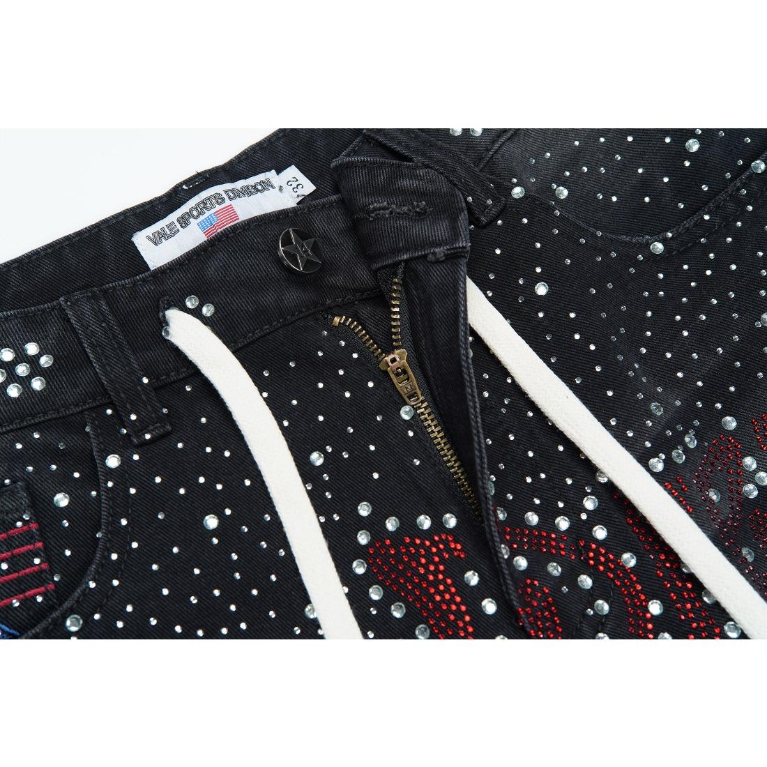 Full Rhinestone Shining Vintage Washed Baggy Denim Shorts Harajuku Y2K Streetwear Letter Embroidery Bling Diamond Loose Knee Length Hip Hop Casual Trendy Sparkly Distressed Jeans Shorts For Men Unisex