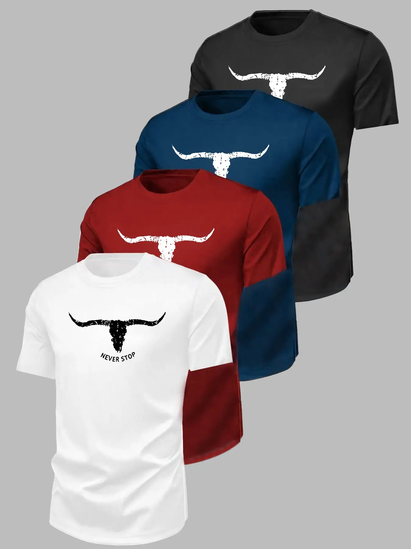 Men's High-Elastic Sporty Short Sleeve T-Shirt, Breathable Cotton, Casual Loose Fit, Geometric Print, 4-Pack, Multiple Colors Available