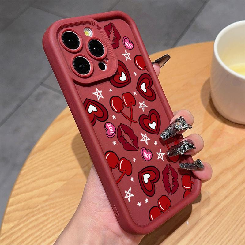 A high-end wine red cherry, lip print, and heart-shaped TPU shockproof full coverage case, specifically designed for iPhone 17 E Air Pro ProMax iPhone16 15 14 Plus 13 12 Mini 11 X XS XR, Phone Case, Full Coverage,Seamless Edge, Fashion Phone Users