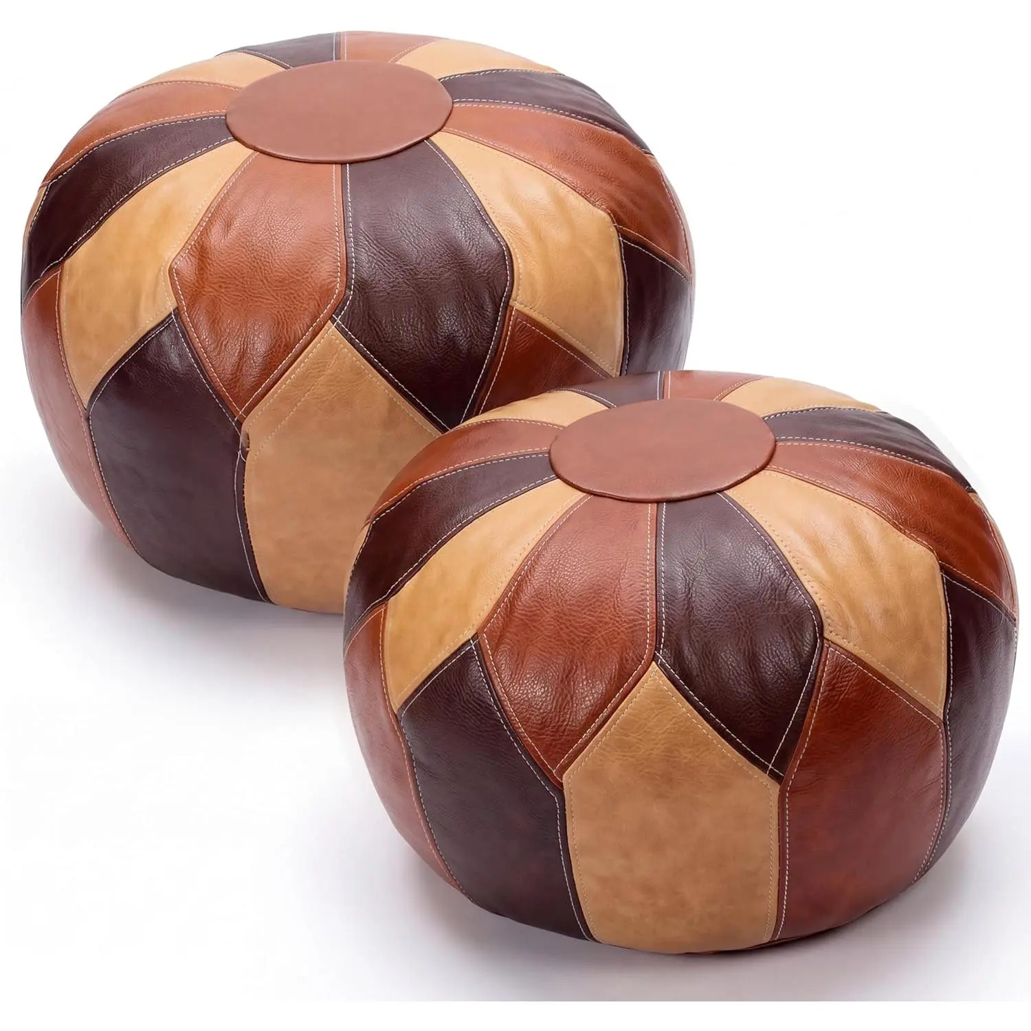 Gerrii 2 Pcs Unstuffed Moroccan Faux Leather Pouf Ottoman with Storage Round Boho Floor Pouf Foot Stool Decorative Ottoman Cushion for Living Room Bedroom Patio(Moroccan,Tricolor)