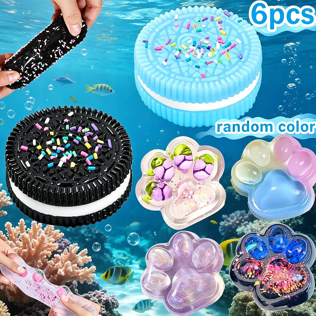 6PCS Cookie & Glitter Cat Paw Squeeze Toy Set, Soft Jelly Stress Relief Fidget Squishies, Portable Sensory Pinch Toys for Party Favors & Kids Gifts
