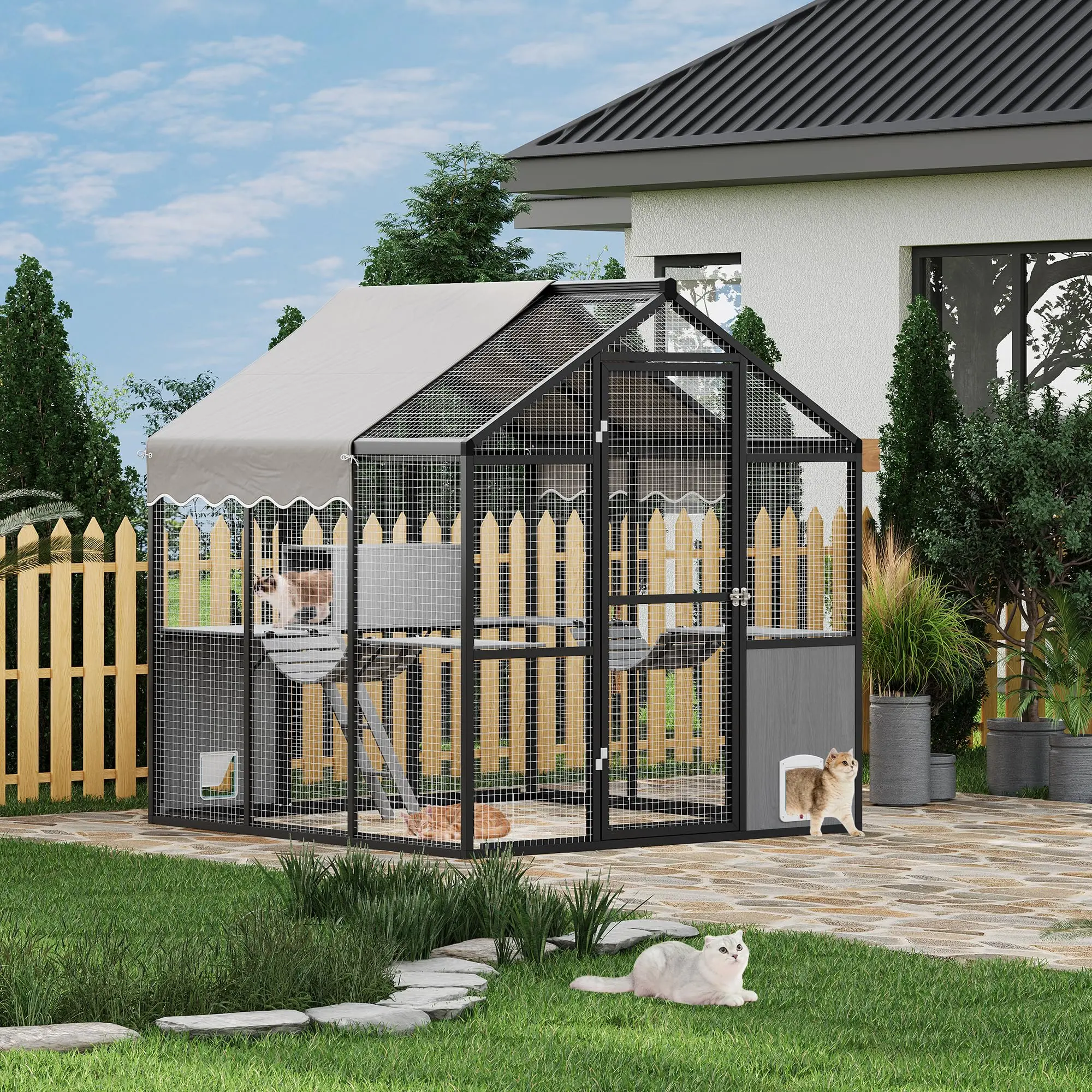 Spacious Walk-In Cat Enclosure, Weatherproof Aluminum Catio with UV-Proof Roof, Side Door & Platforms, Large Outdoor Playpen for Multiple Cats