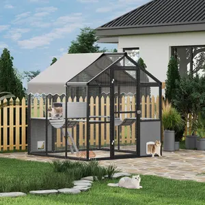Spacious Walk-In Cat Enclosure, Weatherproof Aluminum Catio with UV-Proof Roof, Side Door & Platforms, Large Outdoor Playpen for Multiple Cats