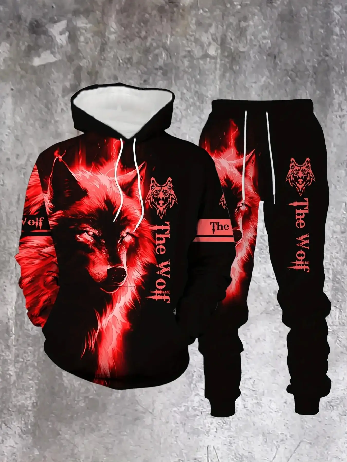 Wolf Pattern 3D Print Hoodie Set for Men, Casual Sports, Trendy Hooded Sweatshirt and Pants Combo, Long Sleeve, Regular Length, Sweatsuit Set Outfit