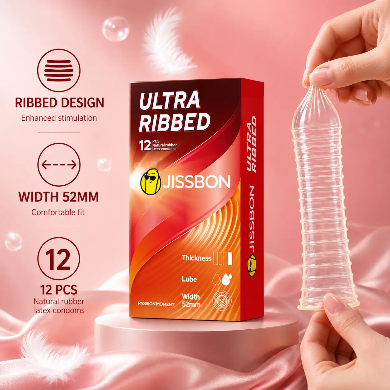 JISSBON Ribbed Condoms - 12 Pcs, 52mm Gentle Latex, Extra Lubricated, Intimate Adult Contraceptive for Enhanced Pleasure, Feeling & Experience, Health & Sexual Wellness Product