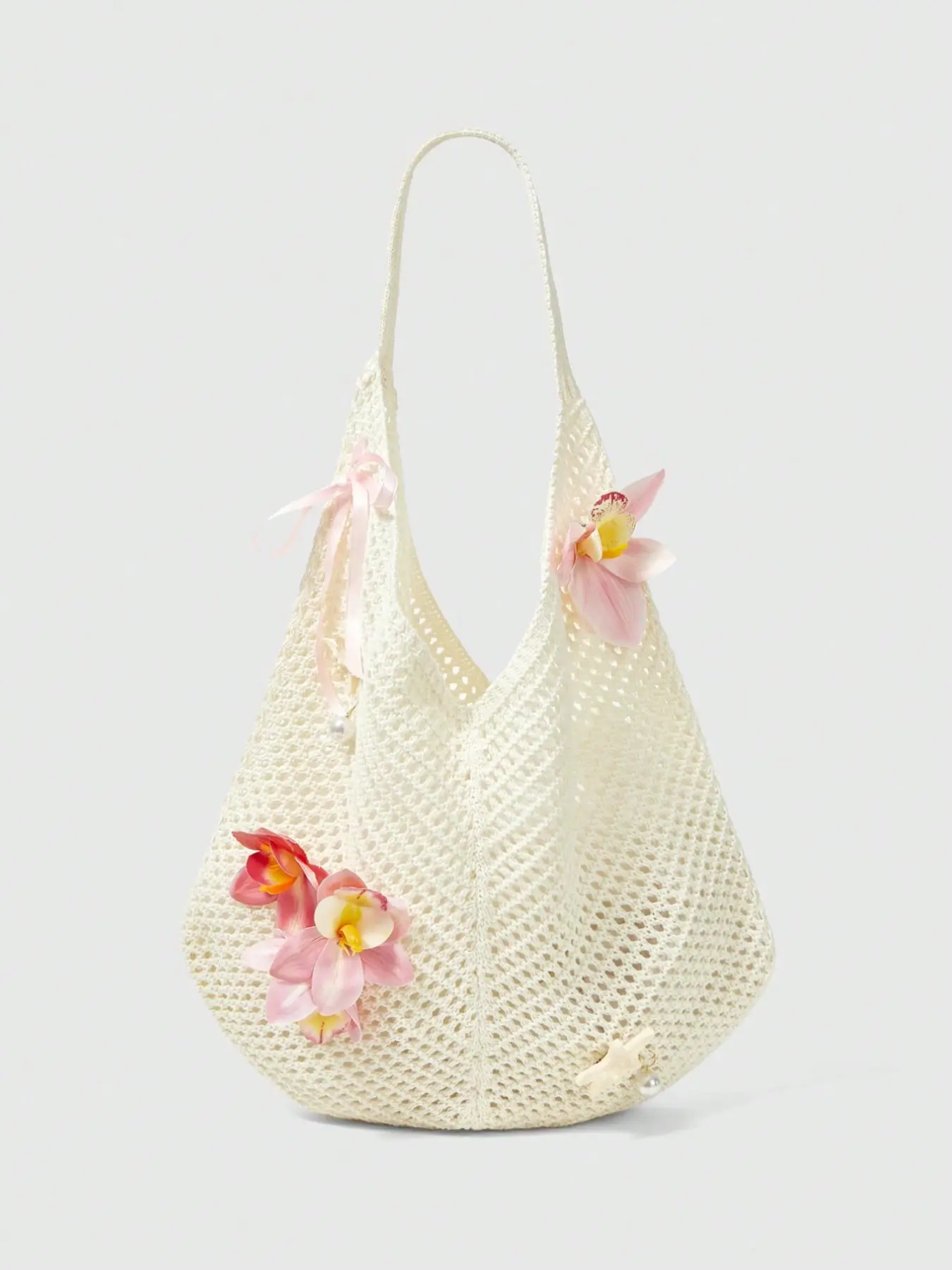 Hollow Out Knit Floral Embellished Aesthetic Tote Bag, Orchid Flower Ribbon Decoration, Large Capacity Shoulder Bag for Summer Beach Vacation