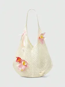 Hollow Out Knit Floral Tote Bag, Orchid Flower Ribbon Decoration, Large Capacity Shoulder Bag for Summer Beach Vacation