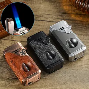 (Fuel Not Included) 5-In-1 Metal Torch Lighter, Windproof Refillable Fuel Quadruple Jet Blue Flame Lighter, Including V Cutter, Punch, Anti-Scalding Fork And Placeable Lid Holder, Made of Zinc Alloy for Camping Barbecue