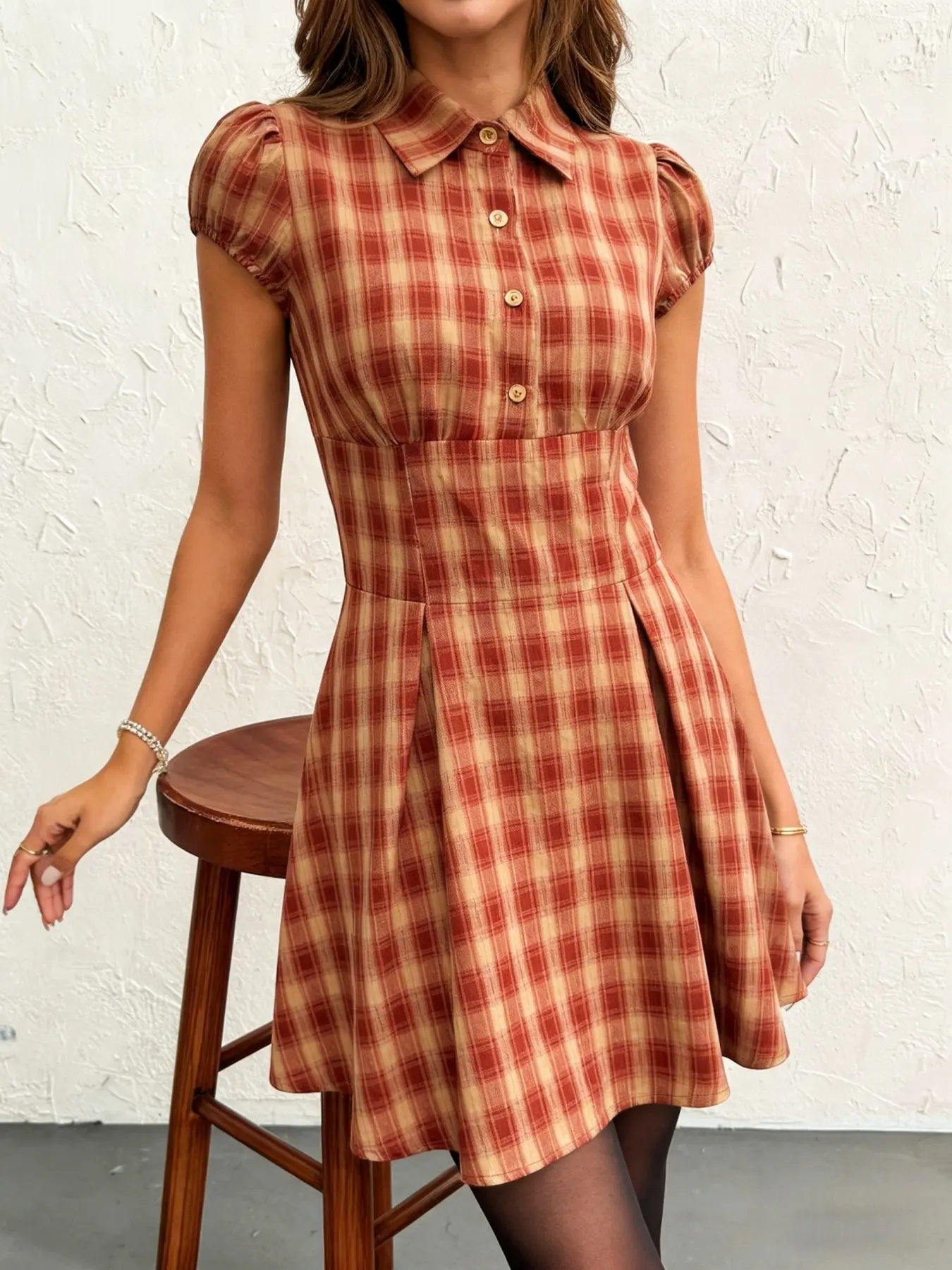 Vintage Plaid Collar Puff Cap Sleeve Mini Dress Button Front Pleated A Line Fall Casual Dress Women Gingham Puff Short Sleeve Shirt Dress High Waist Flowy Mini Travel Sundress Preppy Style Plaid Lapel Cap Sleeve Slim Fit Pleated Mini Dress Daily Streetwea