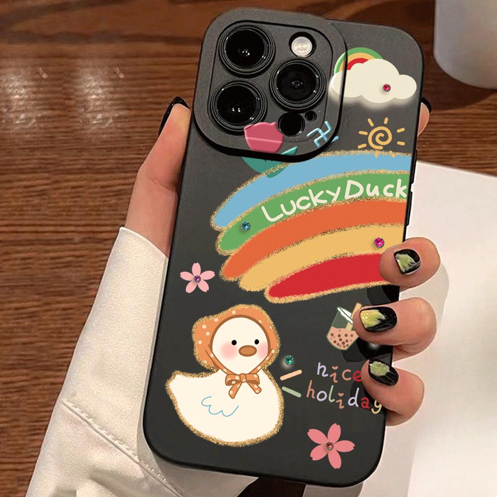 1pc black matte phone case with eye-catching design, featuring lucky duck, rainbow flowers, sun, clouds, and pearl milk tea motifs, suitable for IPhone17/IPhone17Pro/IPhone17Air/IPhone17ProMax