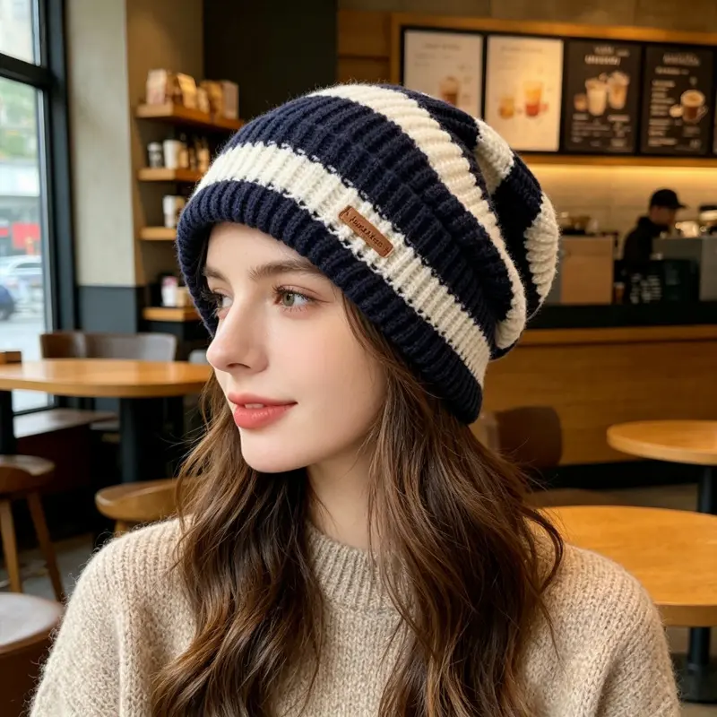 Stripe Knit Beanie Hat for Women and Girls, Soft Cotton Cuffed Winter Cap, Warm and Cute for Everyday Use