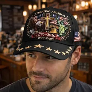 A unisex vintage-style "Dad Cap"—featuring a classic American aesthetic and a breathable design that embodies national pride; the graphic print incorporates elements commemorating the 250th anniversary of the United States (1776–2026), patriotic flag moti