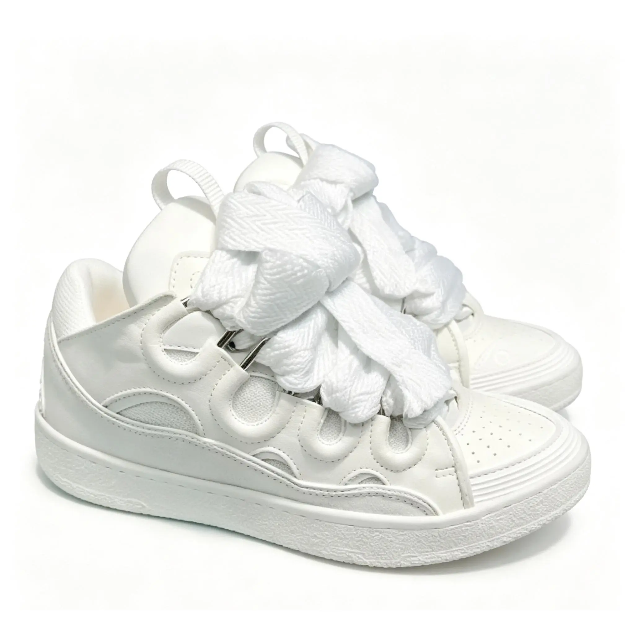 Chic Women Man LowTop Platform Sneakers, AllWhite CutOut Design with Oversized Wide Laces, Trendy Streetwear Skate Shoes for Casual Shopping Party Occasions