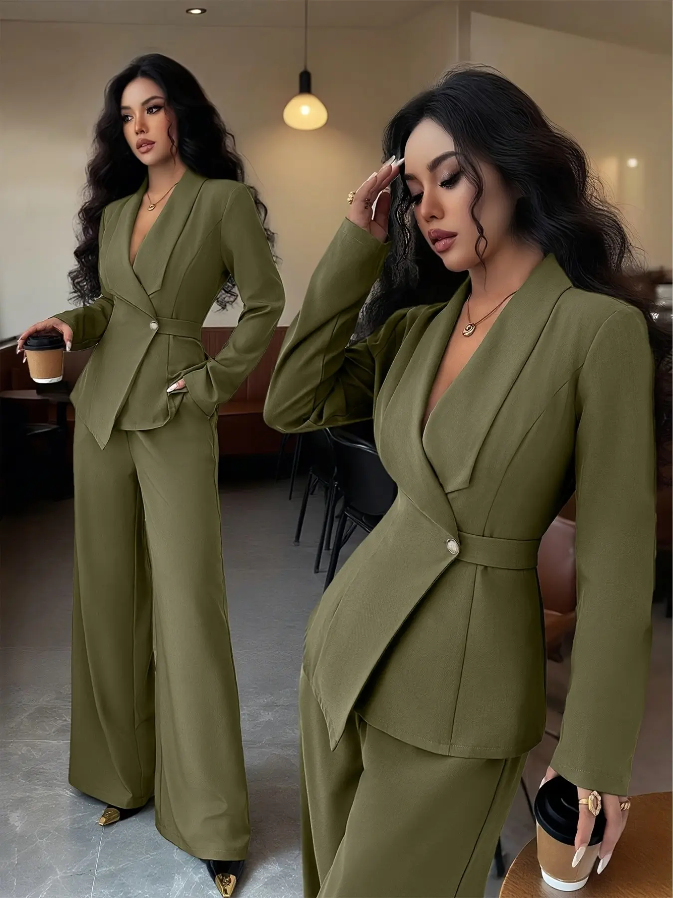 Women's Suit Wide Leg Pants Set, Elegant Office Wear, Perfect for Daily Commute, Business, Spring Autumn New Arrival