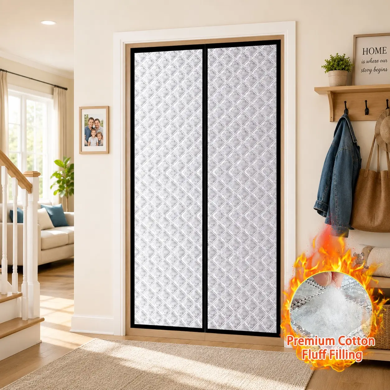 Thickened Thermal Magnetic Door Curtain, Silver Quilted Draft-Blocking Insulated Curtain with Automatic Closure, Self-Adhesive No-Drill Installation