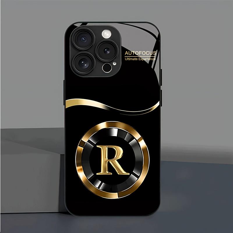 Simple golden lucky letter R pattern glass phone case, for iPhone 17 16 15 14 13 12 11 pro max