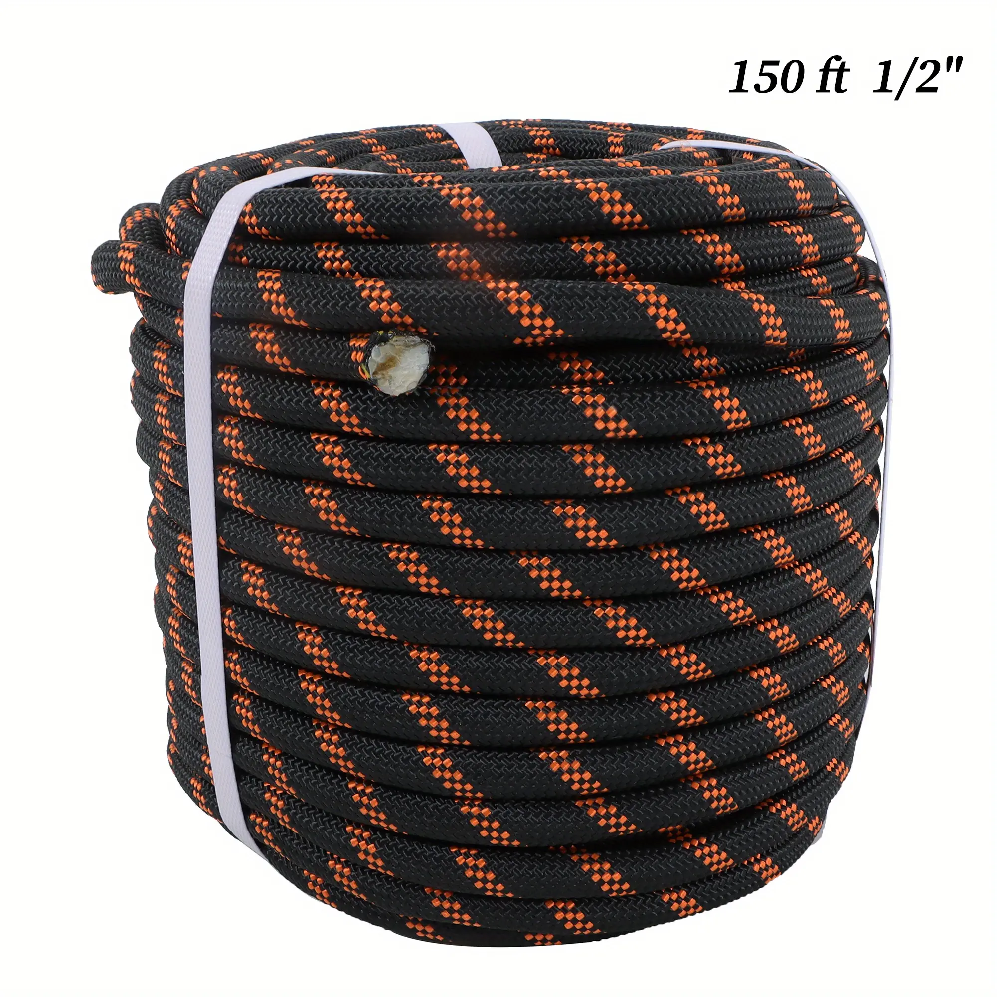 48-Strand Polyester Bull Rope, 1/2 in x 150 ft Black-Orange Rope for Tree Pulling, Tug of War