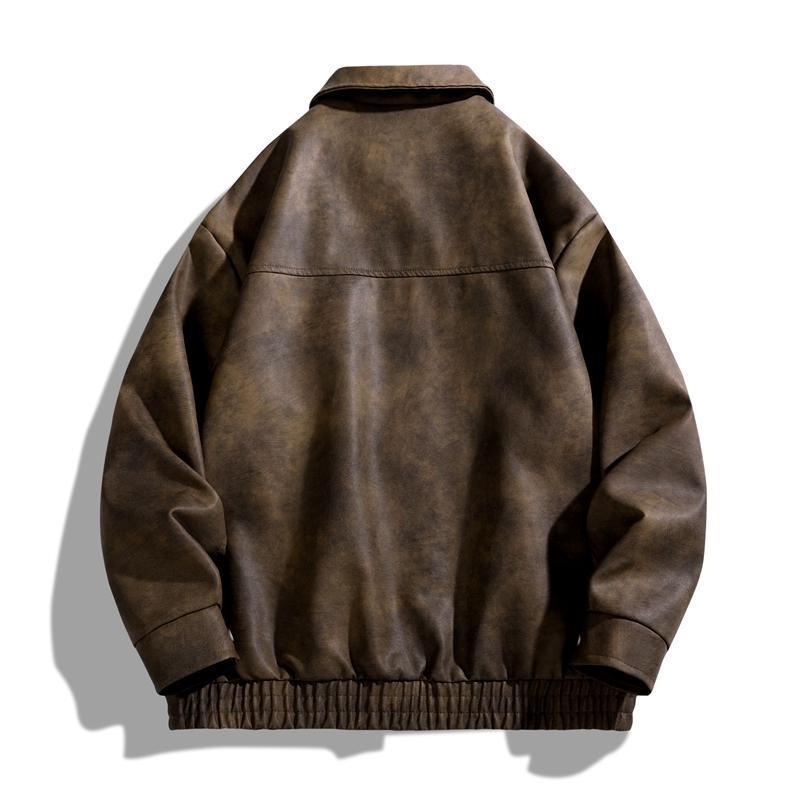 Academic Style American Vintage Solid Color Niche Design Motorcycle Flight Jacket PU Leather Coat Turn-down Collar Casual Loose Versatile Unisex Jacket Outerwear Long Sleeve Classic