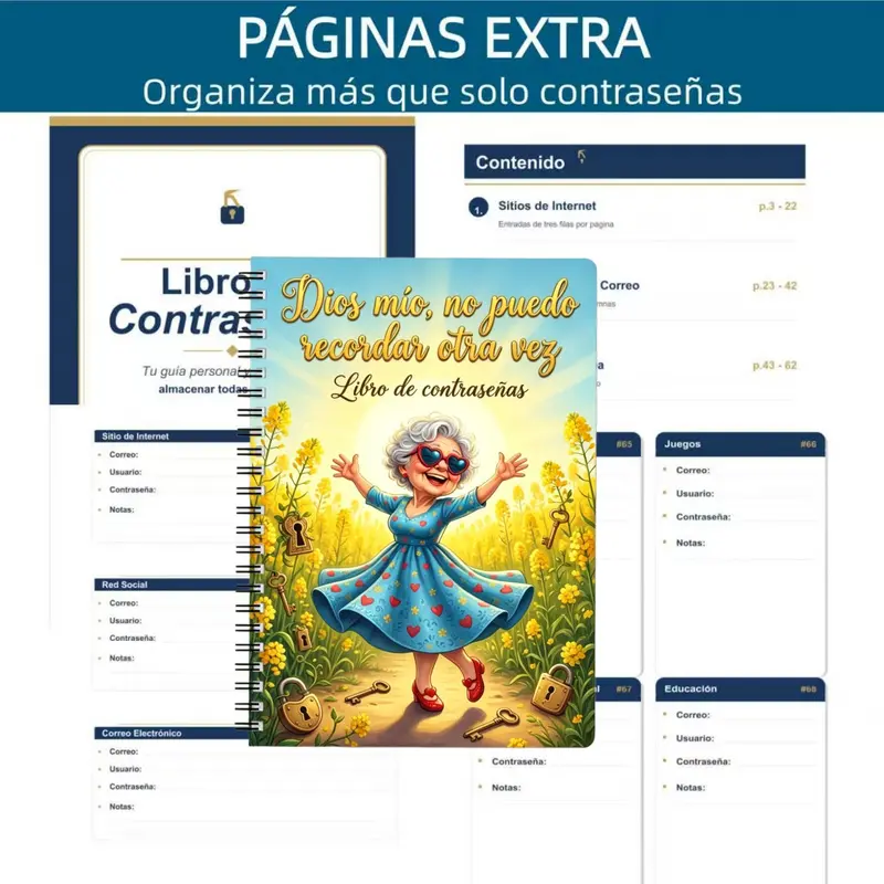 A fun spiral-bound Spanish password notebook for happy older women, with a key and lock design, for organizing website login info and office planning.
