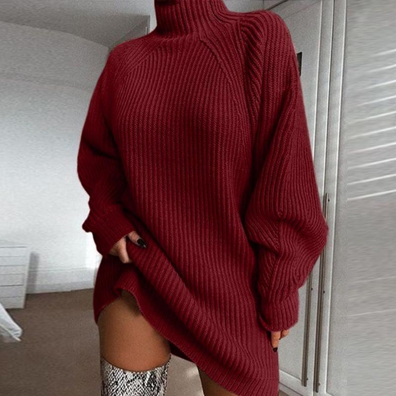 BIGWIG Women's Mock Neck Sweater Dress Drop Shoulder Long Sleeve Knitted Pullovers Ribbed Dresses