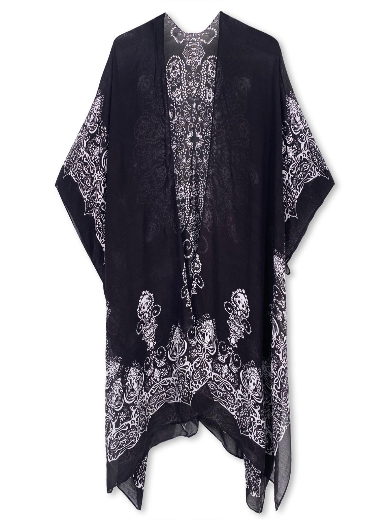 Women's Ethnic Pattern Batwing Sleeve Kimono, Womenswear Casual Three Quarter Length Sleeve Split Hem Kimono, Ladies Summer Swimwear for Beach Vacation