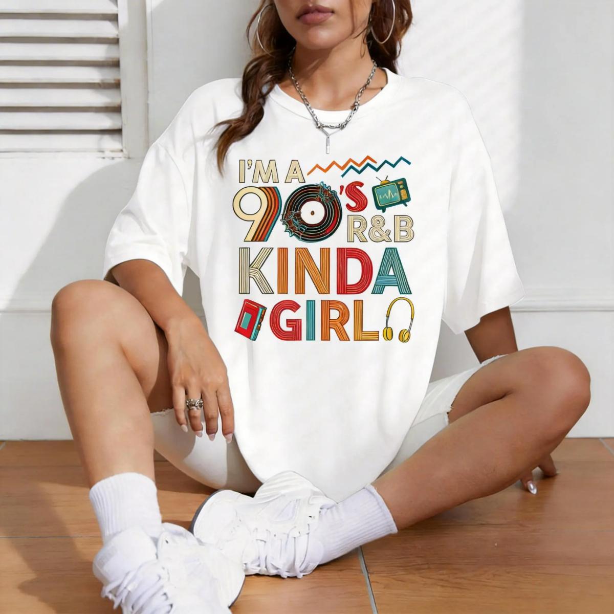 Crew Neck Cotton Polyester Graphic T-Shirt, "Im a 90 s R&B Graphic Tees Kinda Girl" Printed Throwback Tee, y2k Fashion Casual Streetwear Humor Shirt, Trendy Aesthetic Outfit 2026, Gifts, SuperYi