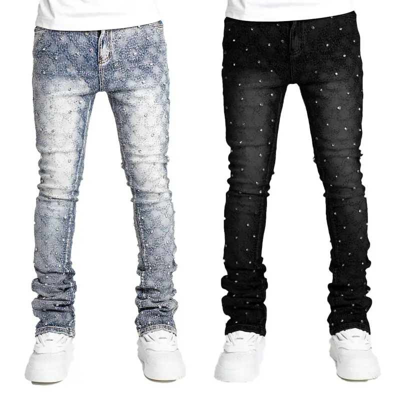 New All Season Stylish Men Stretch Stacked Straight Denim Jeans With Pearl Accents, Popular Ins European Streetwear Trousers3038