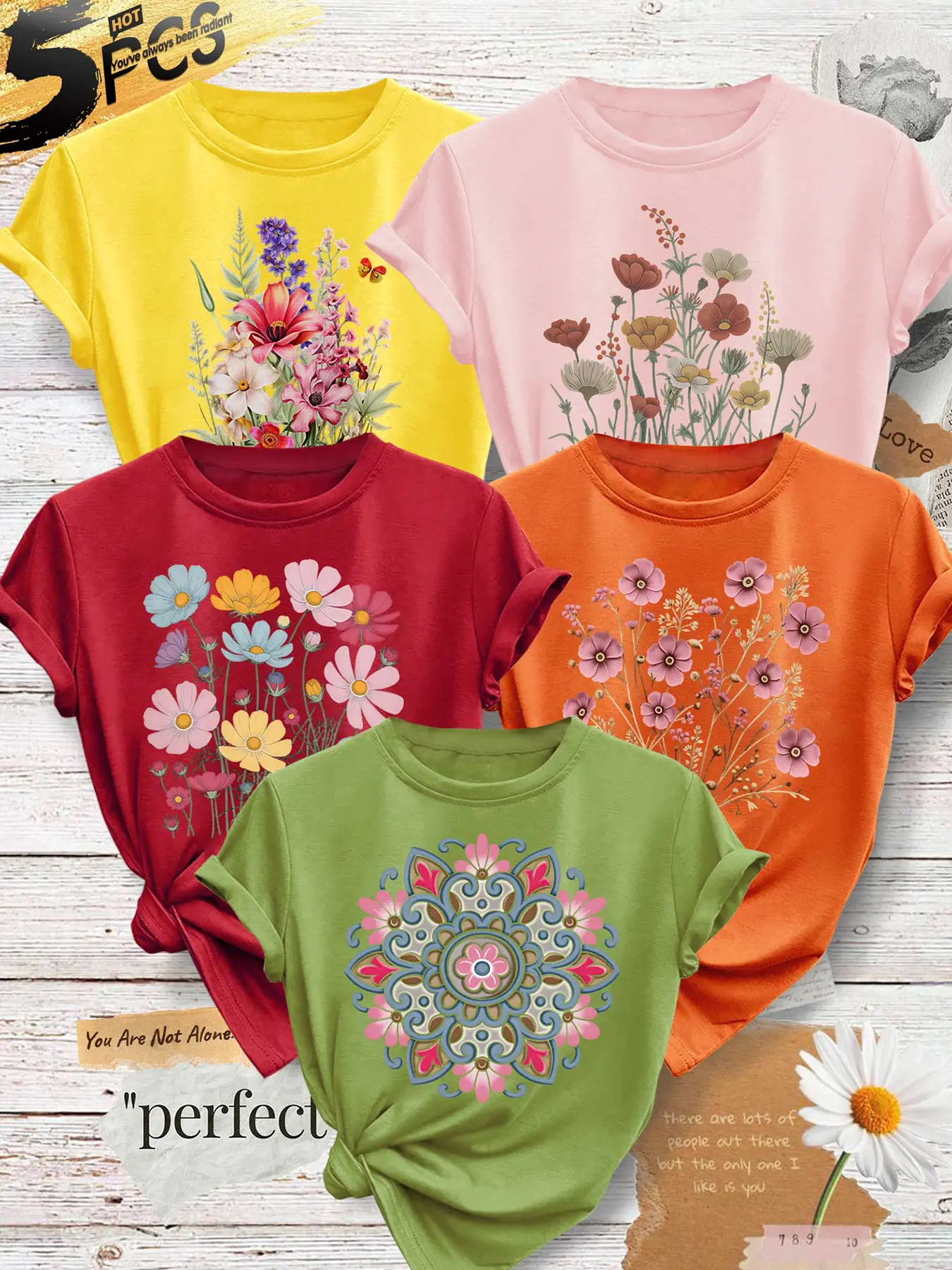 5‑Pack Women Crew Neck T‑Shirts, Iris Flower Print As Picture, Multi‑Color Available, Machine Washable, Spring Summer Tops, Soft Skin‑Friendly Fabric, Daily Versatile Outfit, Fashion Design Casual Tees For Women
