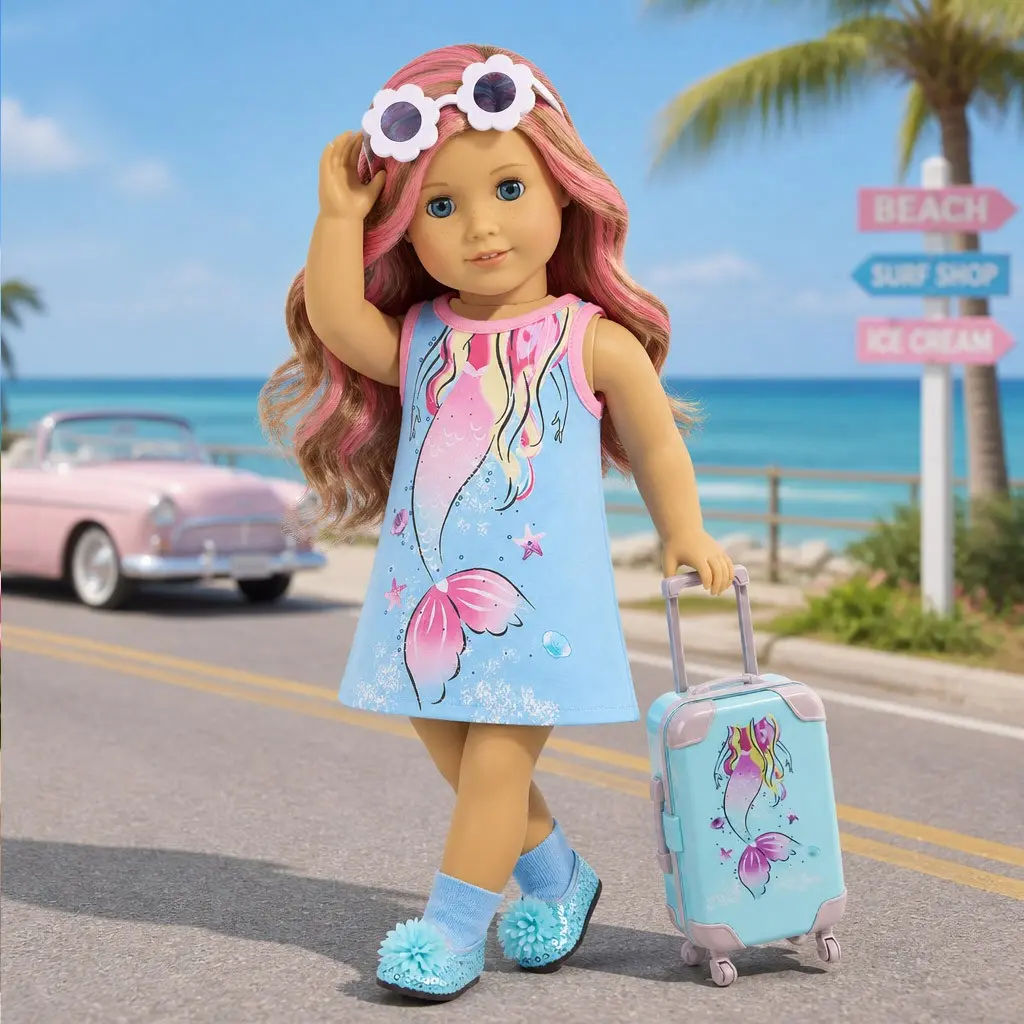 18 Inch Doll Dress Set, Mermaid Costume with Sparkle Shoes, Flowers, Sunglasses, Perfect Birthday Gift, DIY Crafting Essential