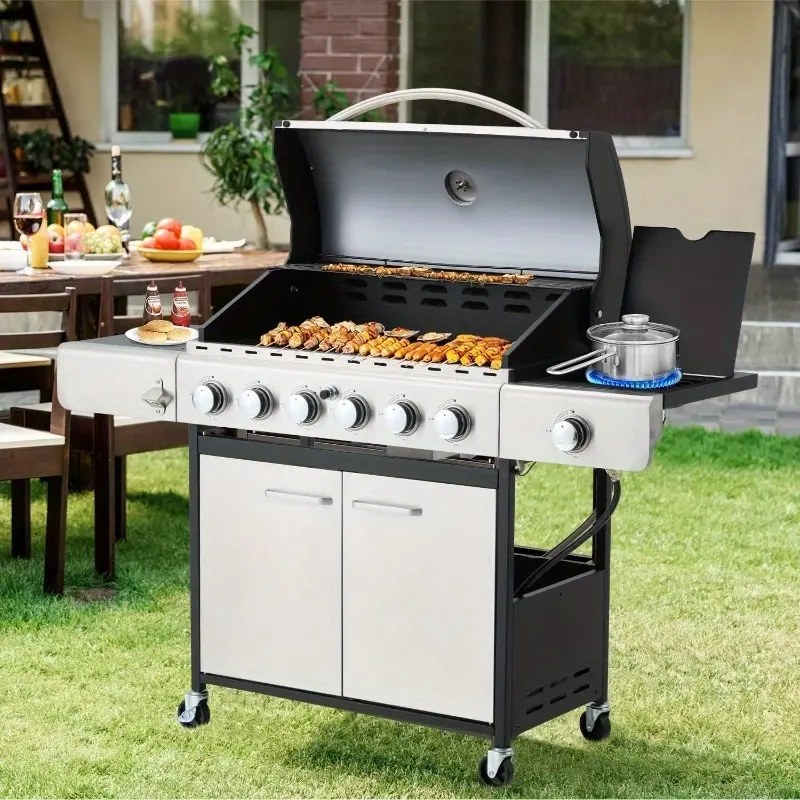 6 Burner BBQ Propane Gas Grill, 58, 000 BTU Stainless Steel Patio Garden Barbecue Grill with Stove and Side Table