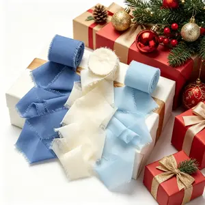 3 Rolls Handmade Silk Fringe Ribbon, Blue Faux Fur Edge, Ideal for Wedding Invitations, Bridal Bouquets, Gift Wrapping, Holiday Party Decorations