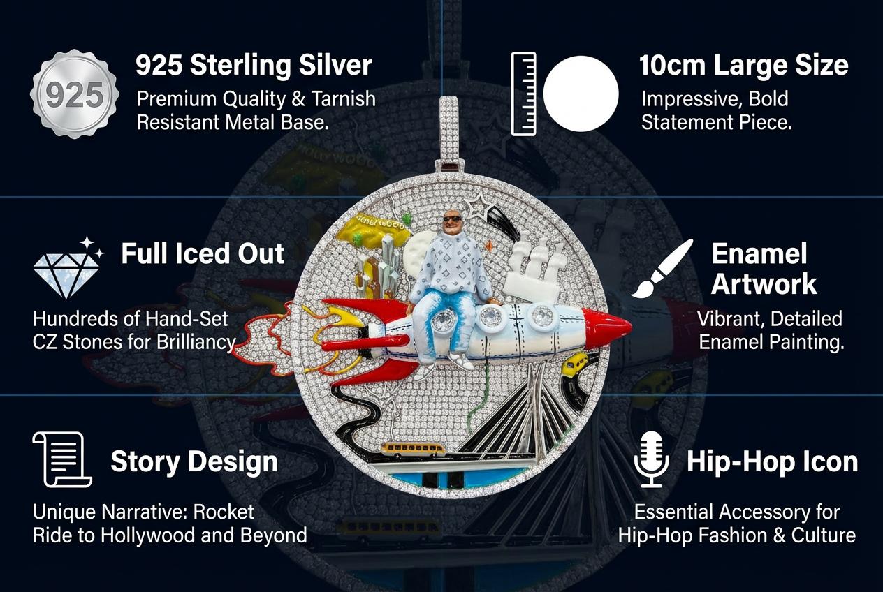 Huge Iced Out 3D Rocket Man Enamel Medallion Pendant, Colorful Cityscape Hip Hop Statement Jewelry, 925 Silver Tone with 4mm Rope Chain